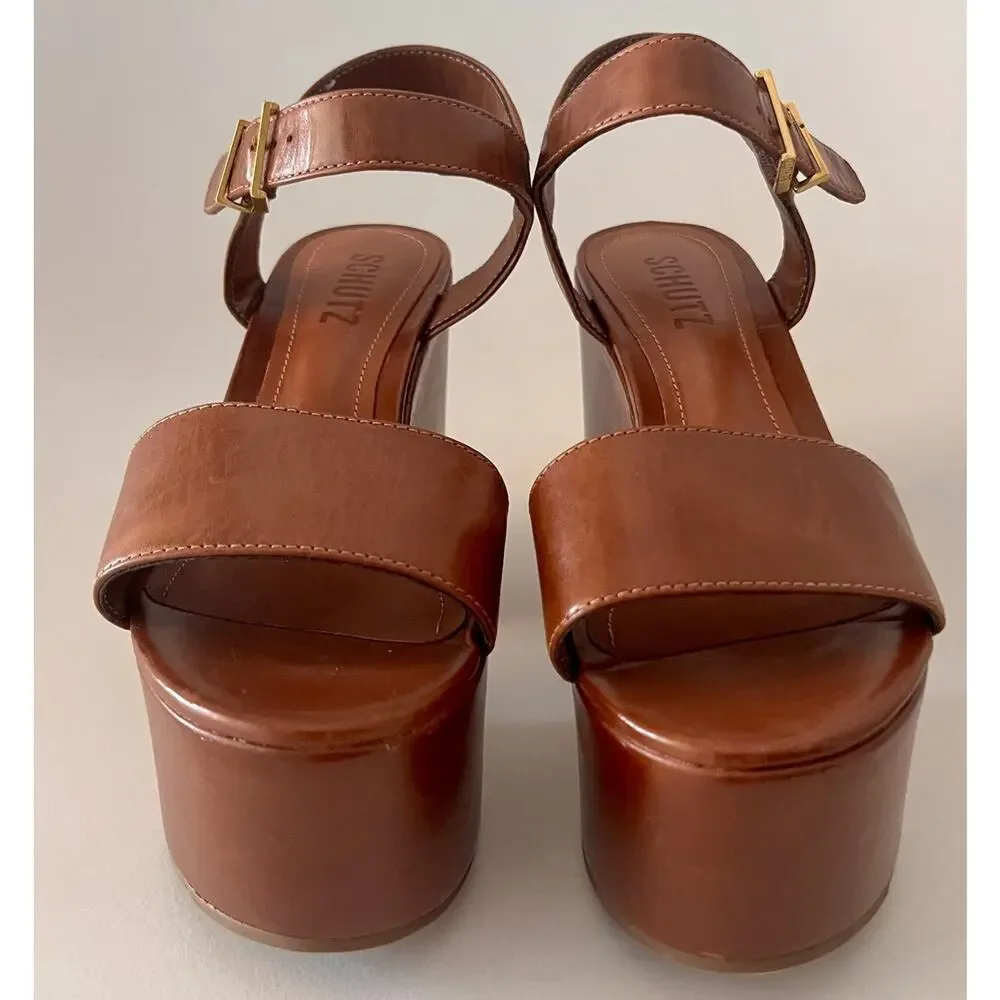 Schutz Tuke Platform Sandals Womens US 5.5 Cognac Brown Leather Chunky Heel NWOB